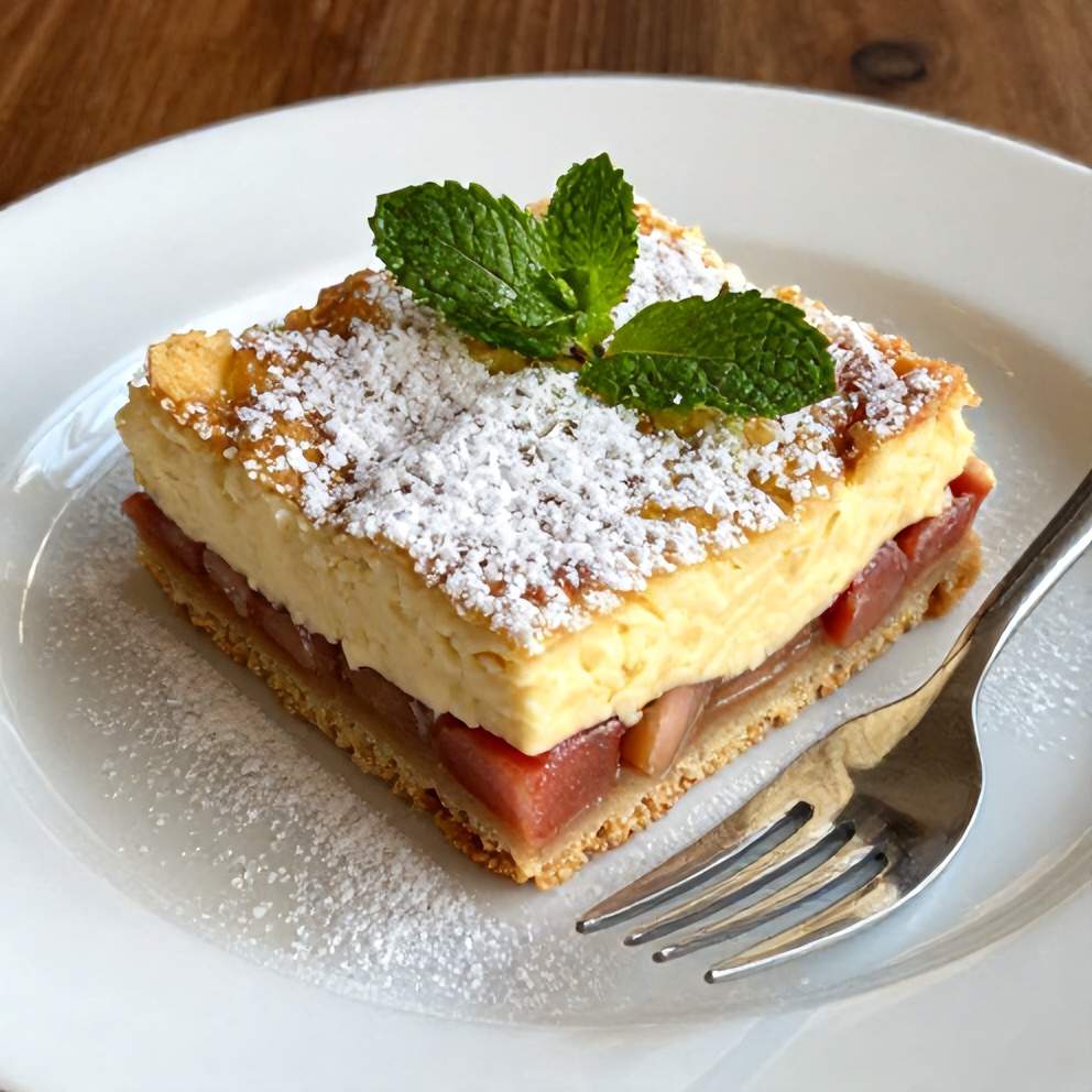 Easy Rhubarb Cream Cheese Bars on a white plate with a fork