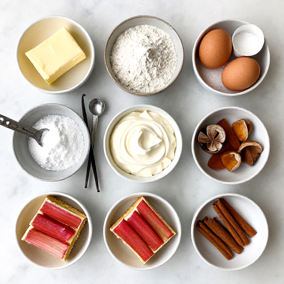 Ingredients for Easy Rhubarb Cream Cheese Bars on a marble surface