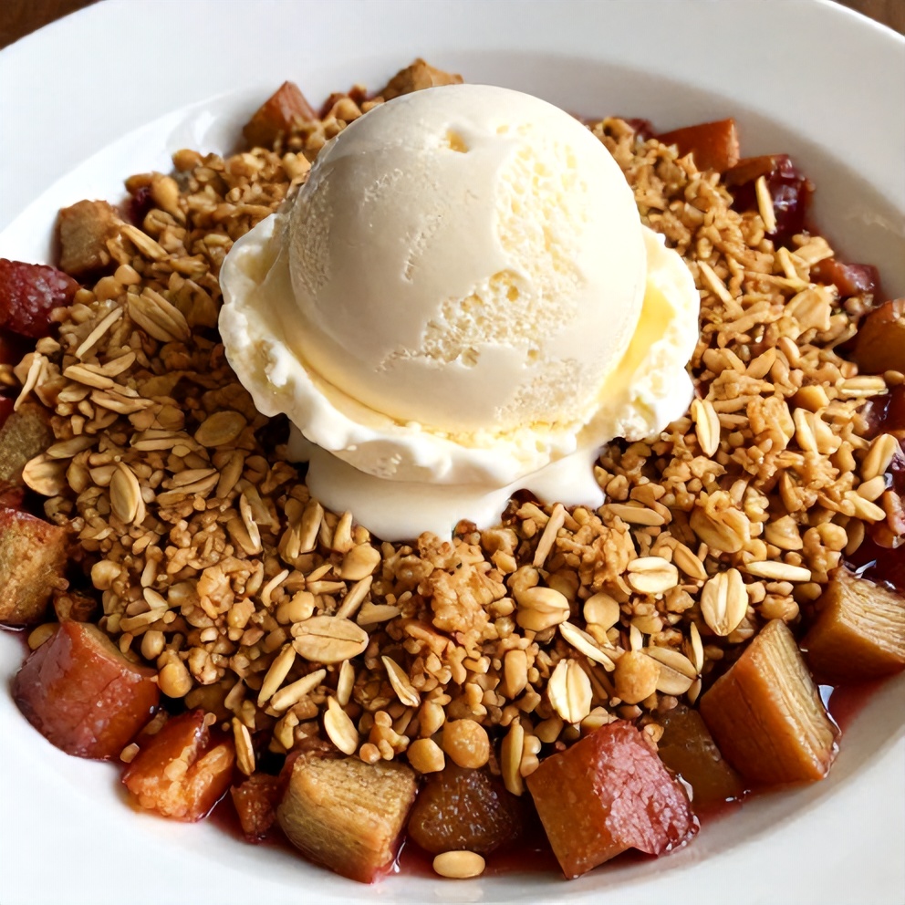 Plated Rhubarb Crisp with Vanilla Ice Cream