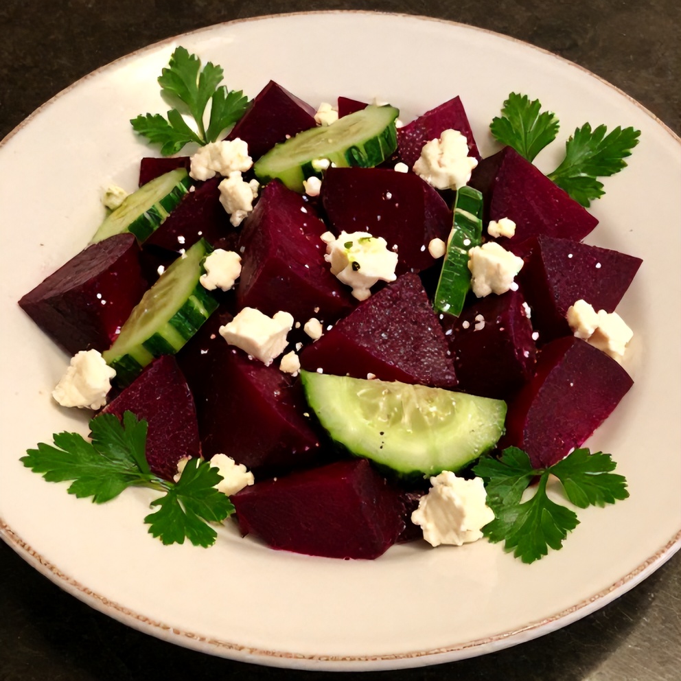 Plated Roasted Beet Salad with Feta and Cucumber