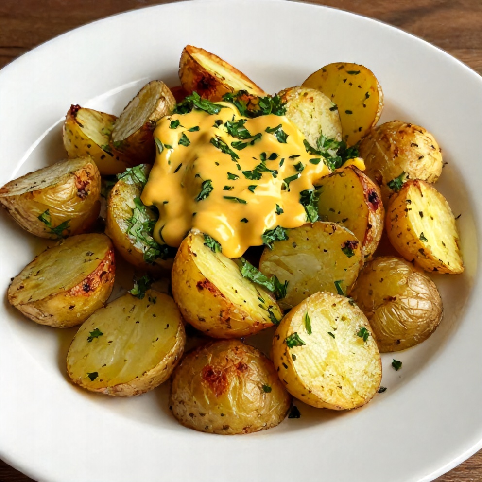 Plated roasted potato salad with fresh herbs and mustard dressing