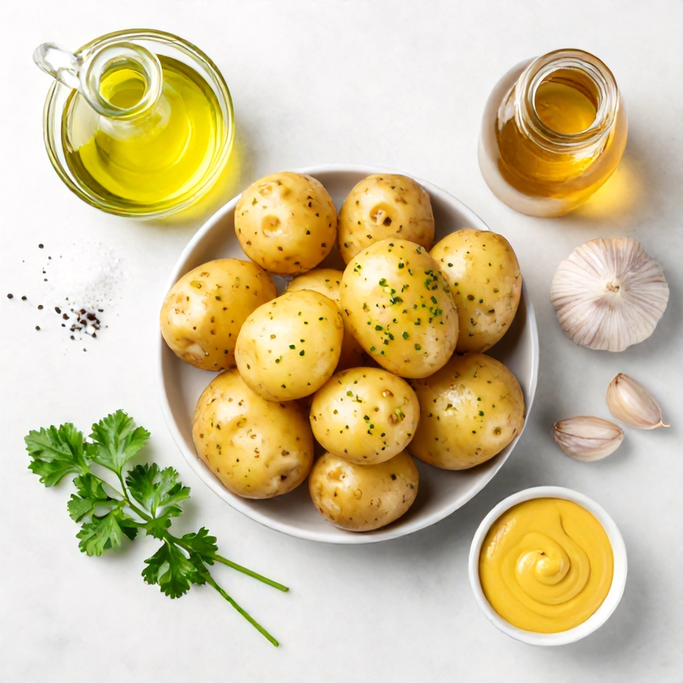 Raw ingredients for roasted potato salad on wooden surface