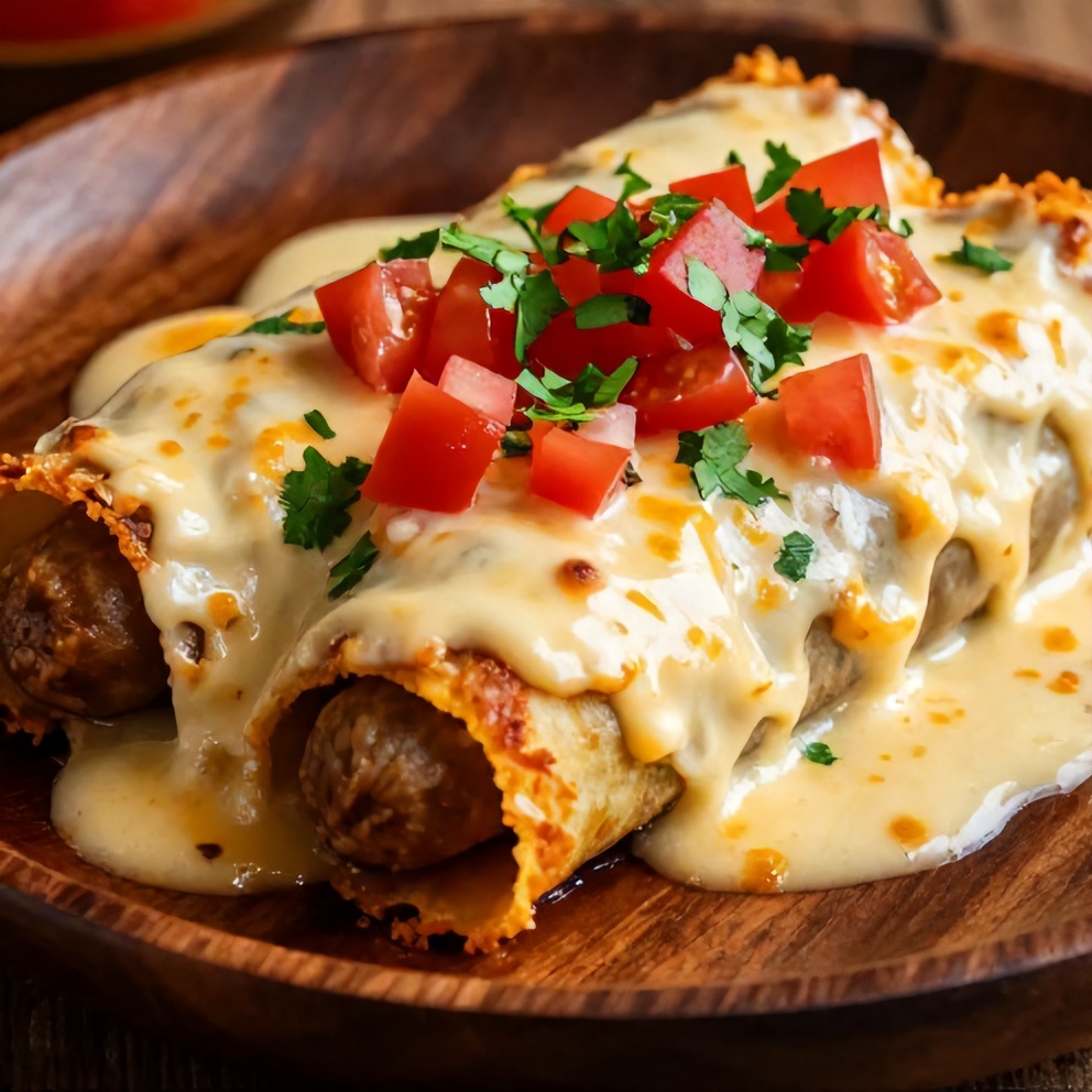 Plated Easy Sausage Gravy Enchiladas with garnish