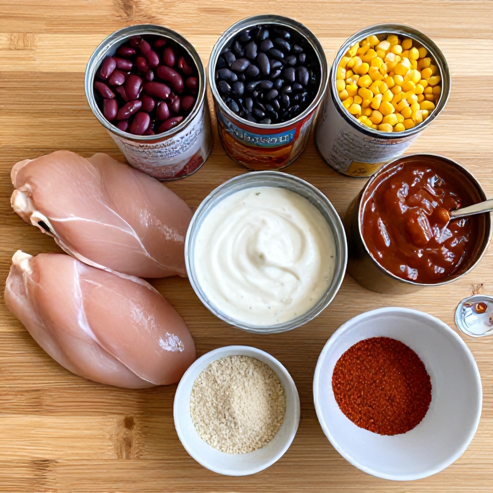 Raw ingredients for buffalo chicken chili laid out on a wooden surface