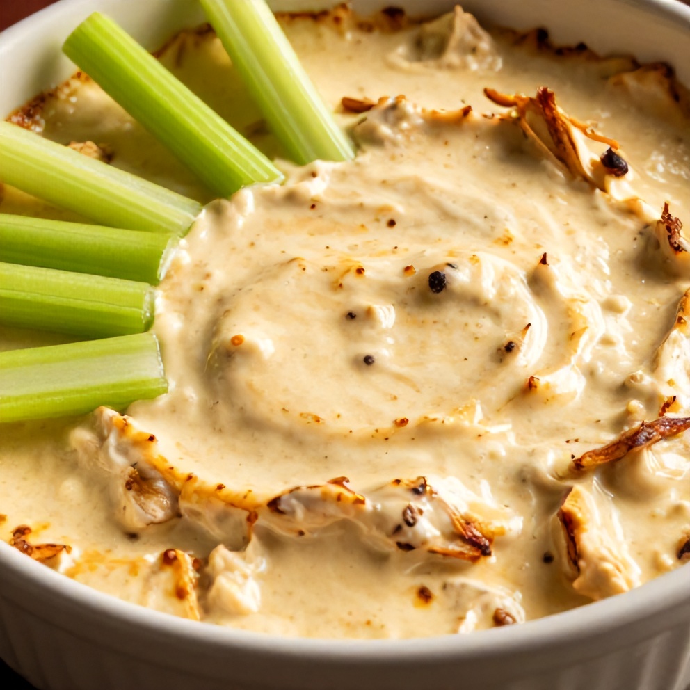 Plated serving of Buffalo Chicken Dip with celery sticks