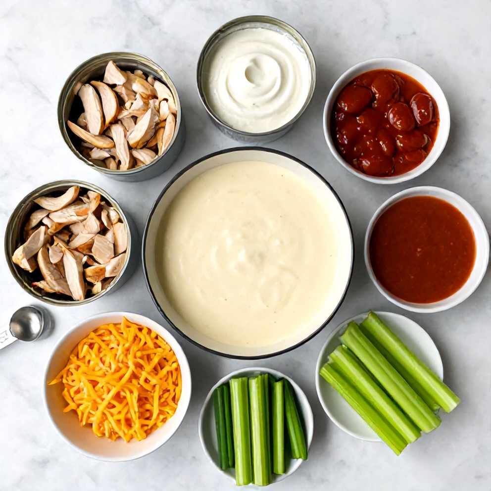 Raw ingredients for Buffalo Chicken Dip laid out