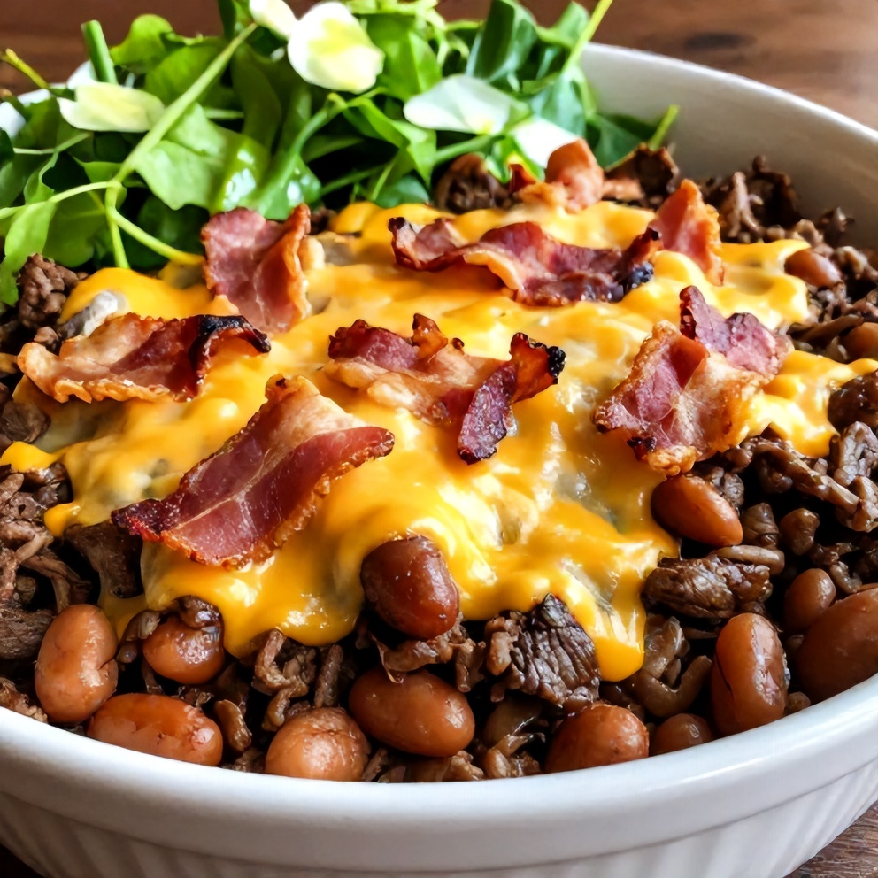 Plated serving of Cowboy Casserole with a side of green salad