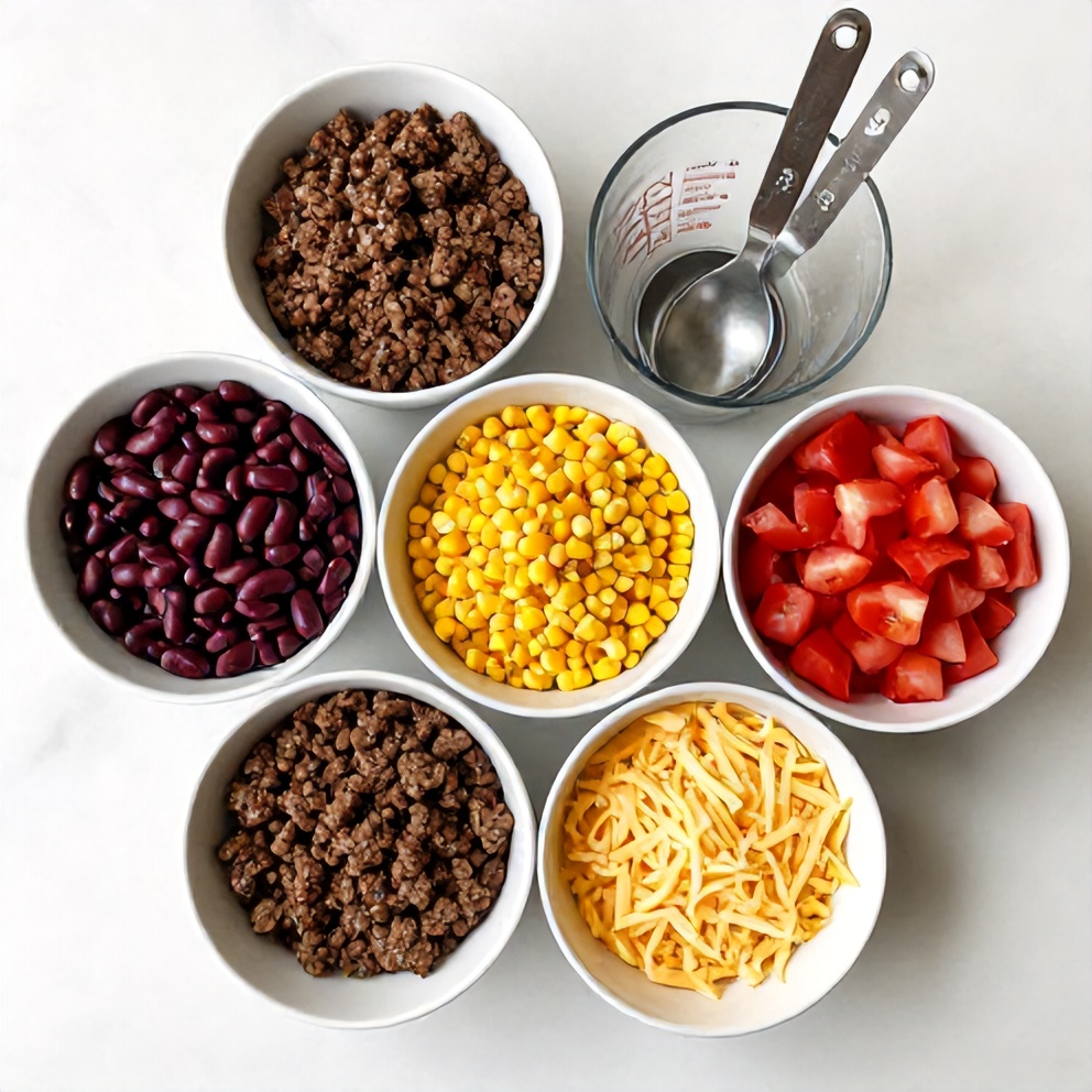 Ground beef, kidney beans, corn, diced tomatoes, and cheese arranged in a flat lay