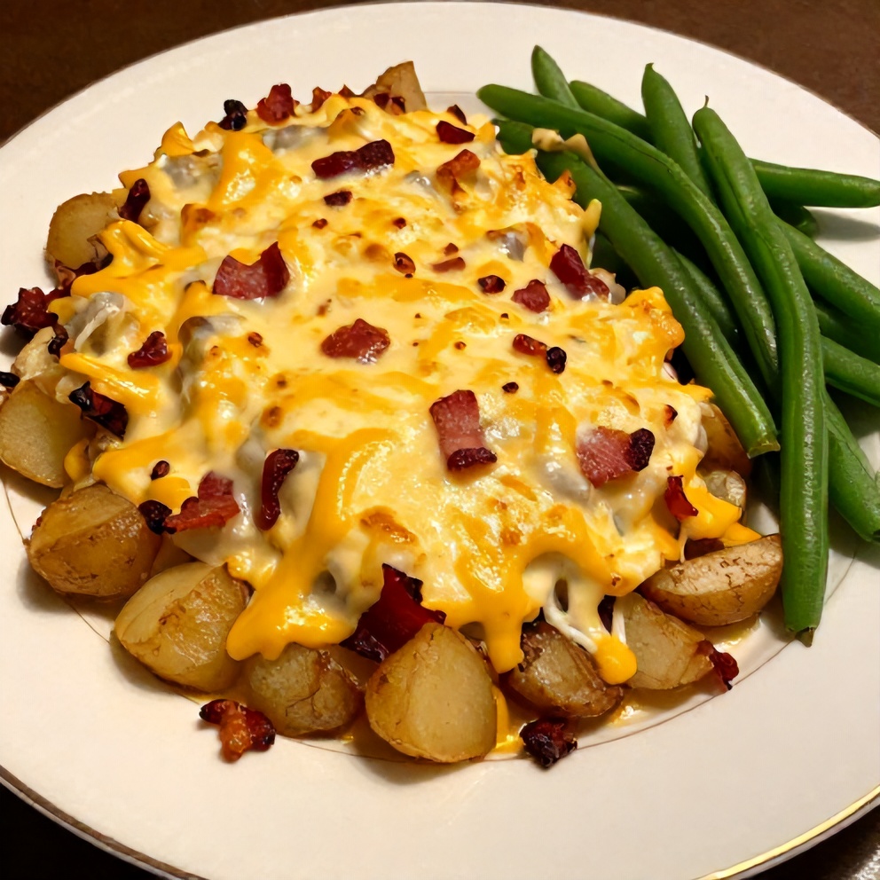 Plated serving of Slow Cooker Cowboy Potato Casserole with a side of green beans