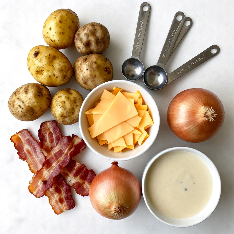 Raw ingredients for Slow Cooker Cowboy Potato Casserole laid out on a wooden surface