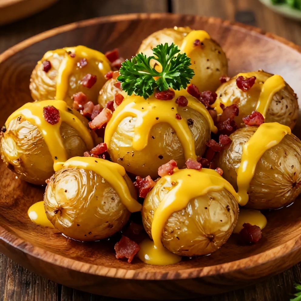 Plated smoked baby potatoes with beer mustard