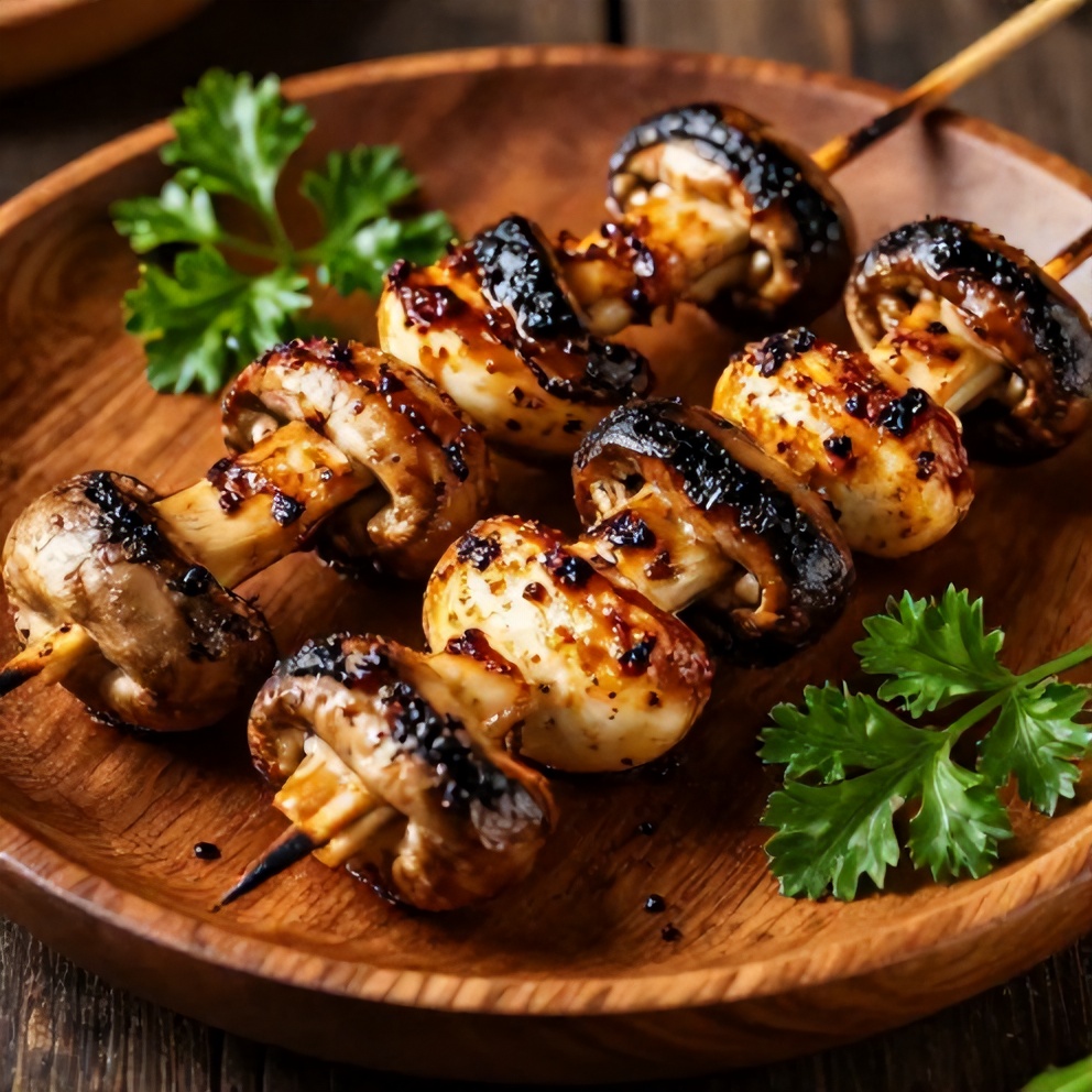 Plated smoky grilled mushroom skewers with parsley garnish