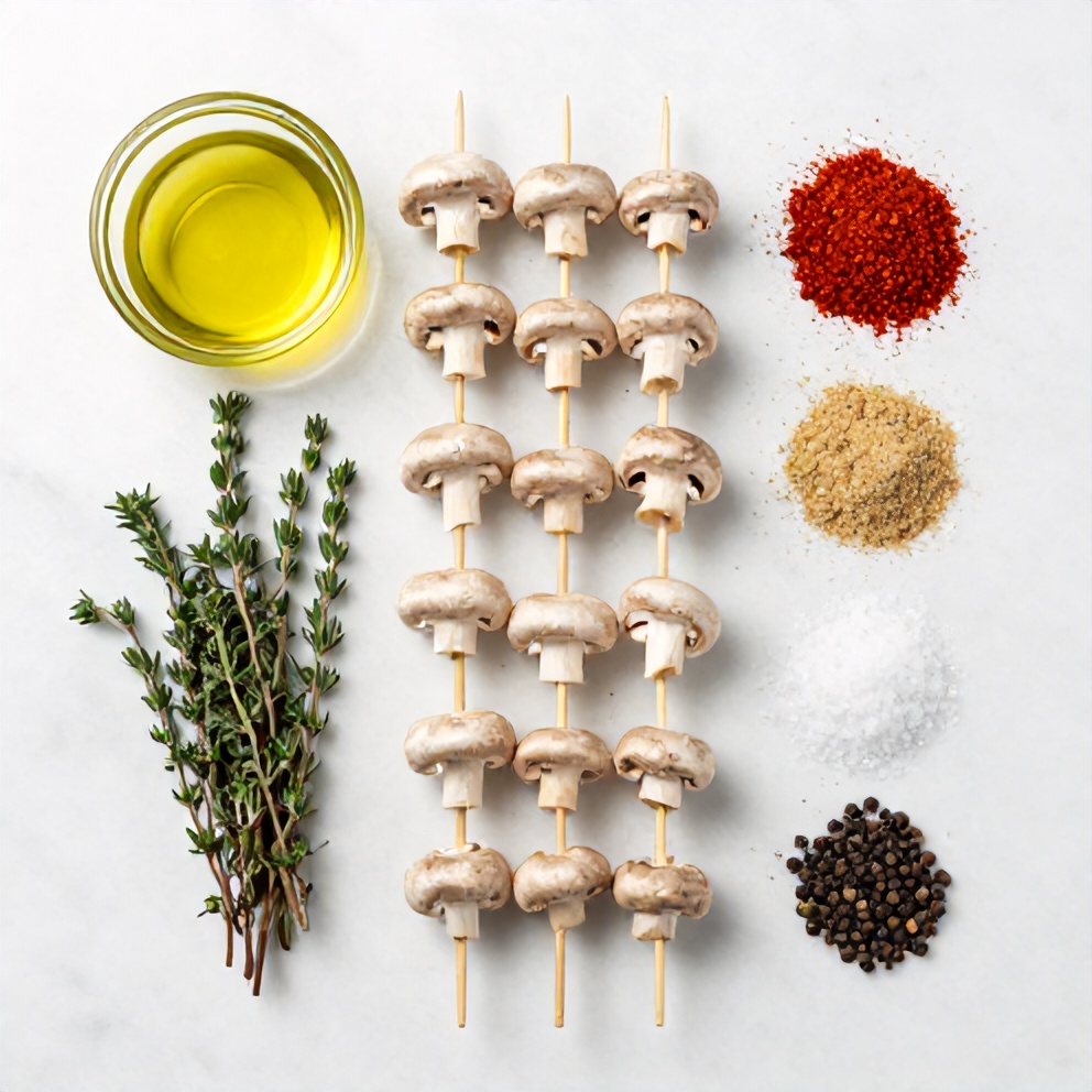 Mushrooms, skewers, olive oil, and seasonings laid out on a wooden surface