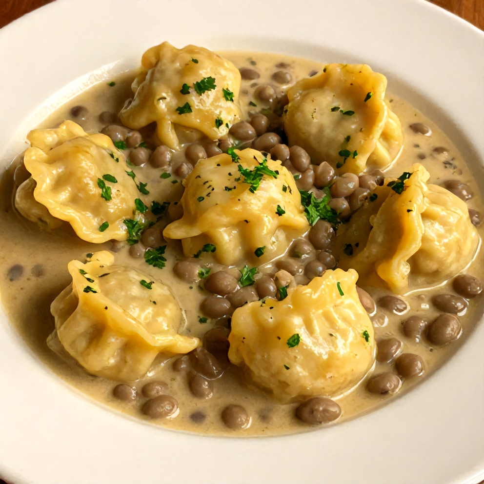 Southern Peas and Dumplings plated with a garnish of fresh parsley