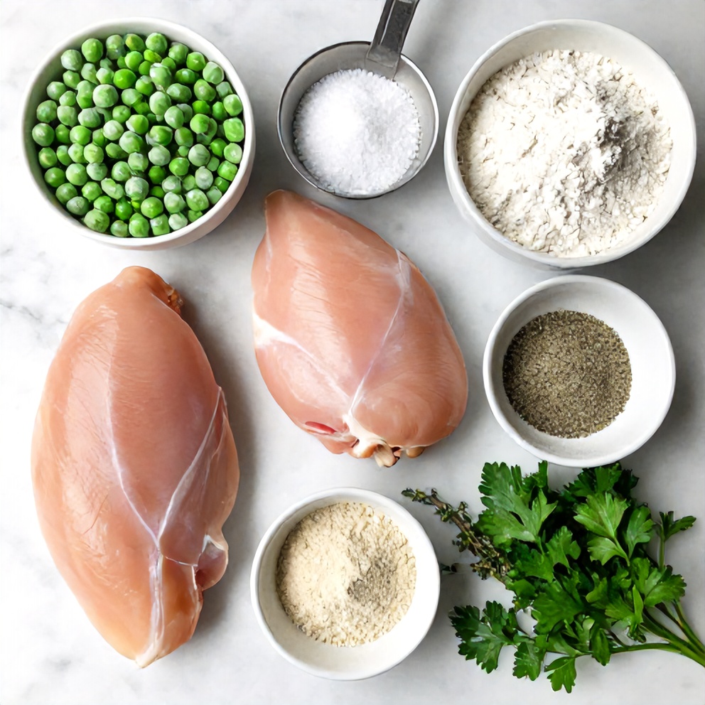 Raw ingredients for Southern Peas and Dumplings on a white marble surface