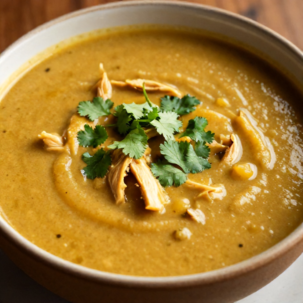 One perfect bowl of Southwest Chicken Soup garnished with fresh cilantro, served on a rustic plate. Close crop, warm side lighting showing the creamy texture of the soup.