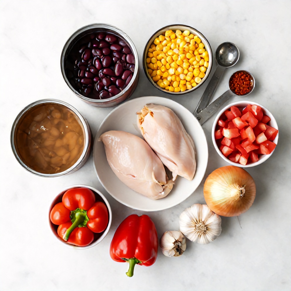 Overhead flat lay of raw ingredients for Southwest Chicken Soup: chicken breasts, canned beans, corn, diced tomatoes, onions, bell peppers, garlic, and spices. Measuring spoons and bowls visible on a white marble surface.
