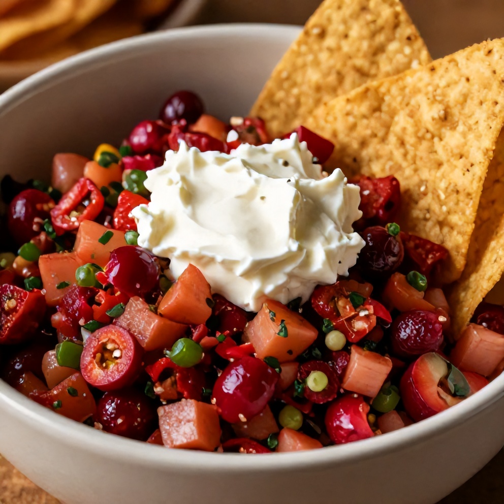 Easy Spicy Cranberry Salsa served in a bowl with tortilla chips