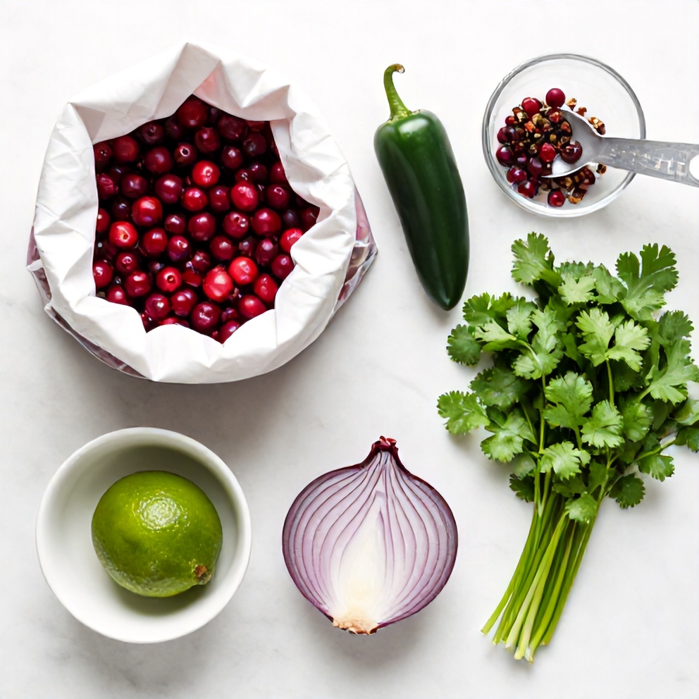 Raw ingredients for Easy Spicy Cranberry Salsa on a marble surface