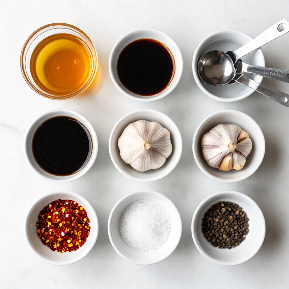 Ingredients for Spicy Honey Soy Sauce laid out
