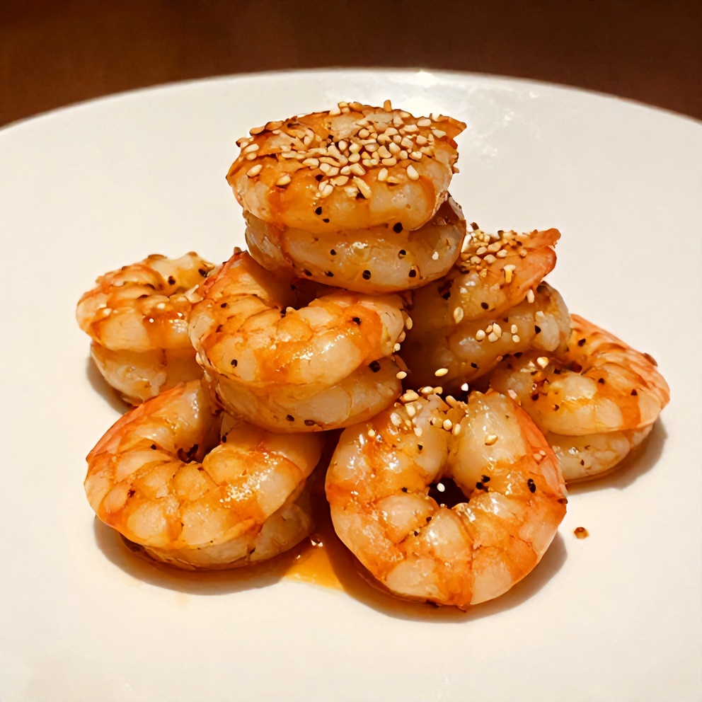 Plated Spicy Shrimp Sushi Stack on a white plate