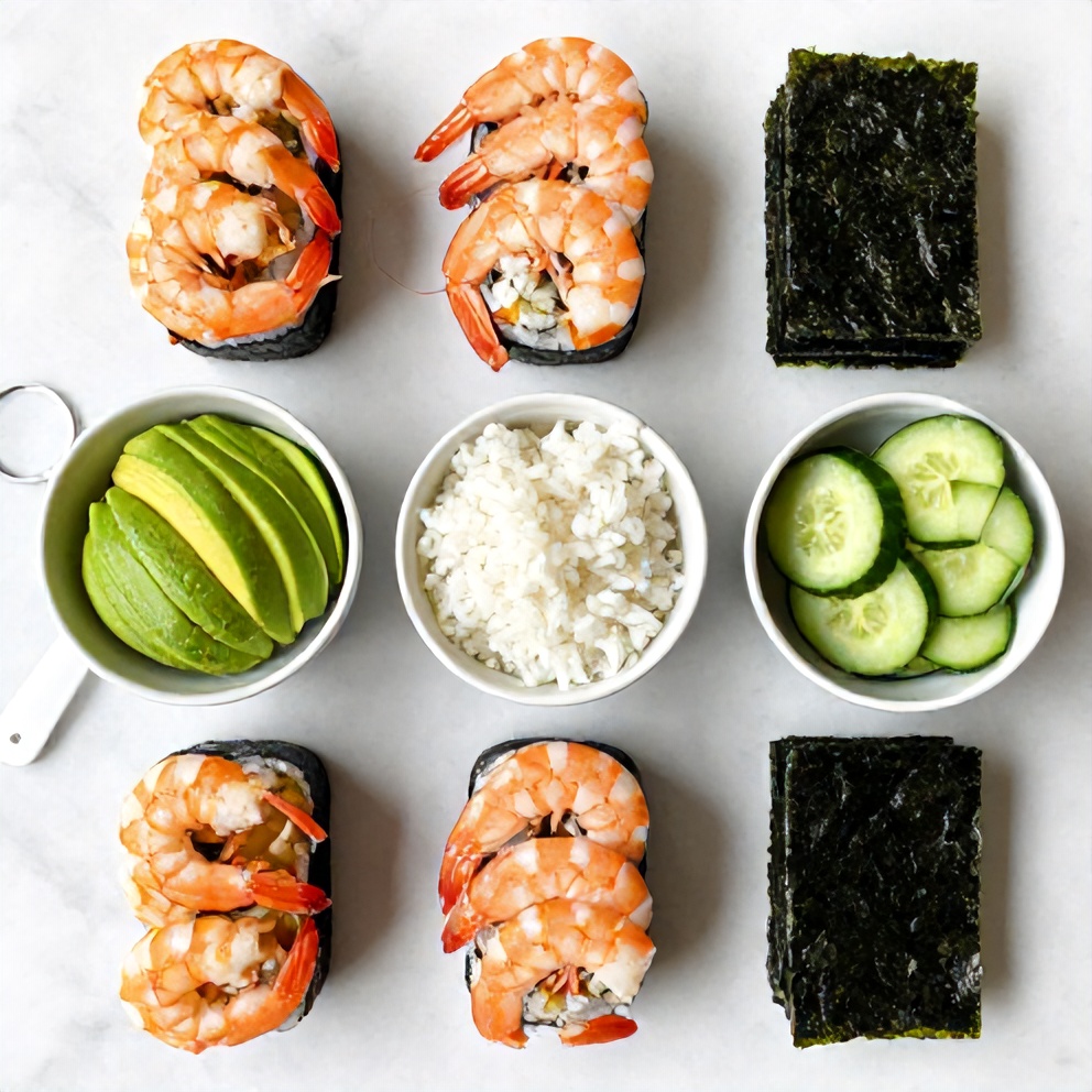 Raw ingredients for Spicy Shrimp Sushi Stacks on a white marble surface