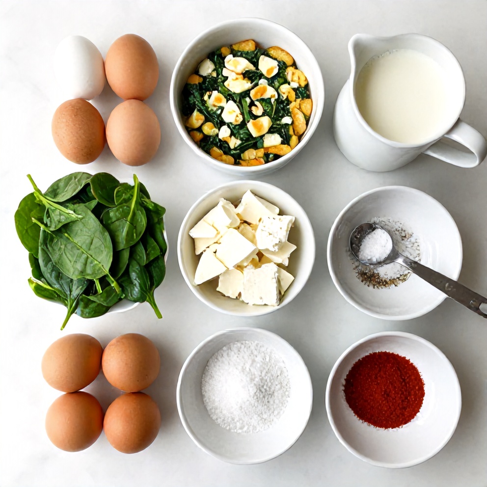 Raw ingredients for Spinach and Feta Egg Muffins