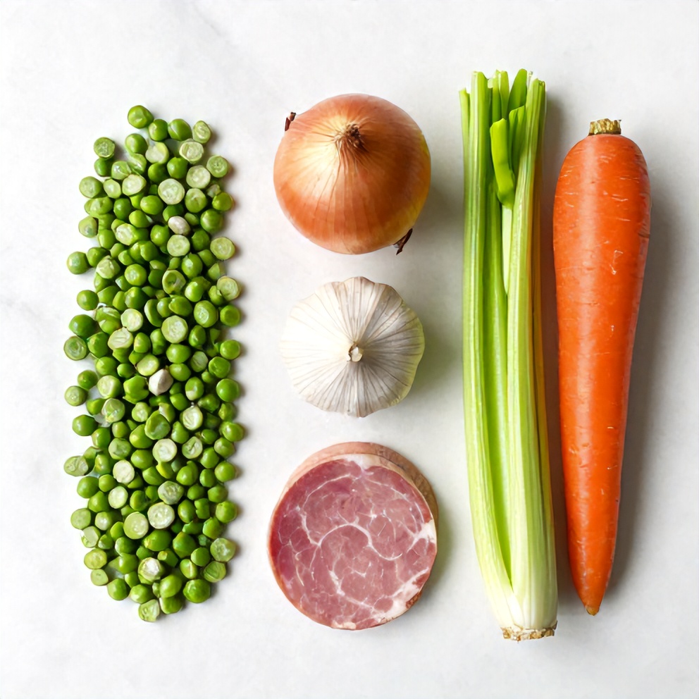 Split peas, onion, carrots, celery, garlic, and ham on a wooden surface