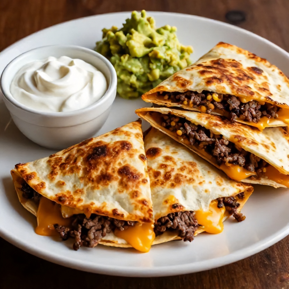 Plated Steak Cheese Quesadillas with sour cream and guacamole