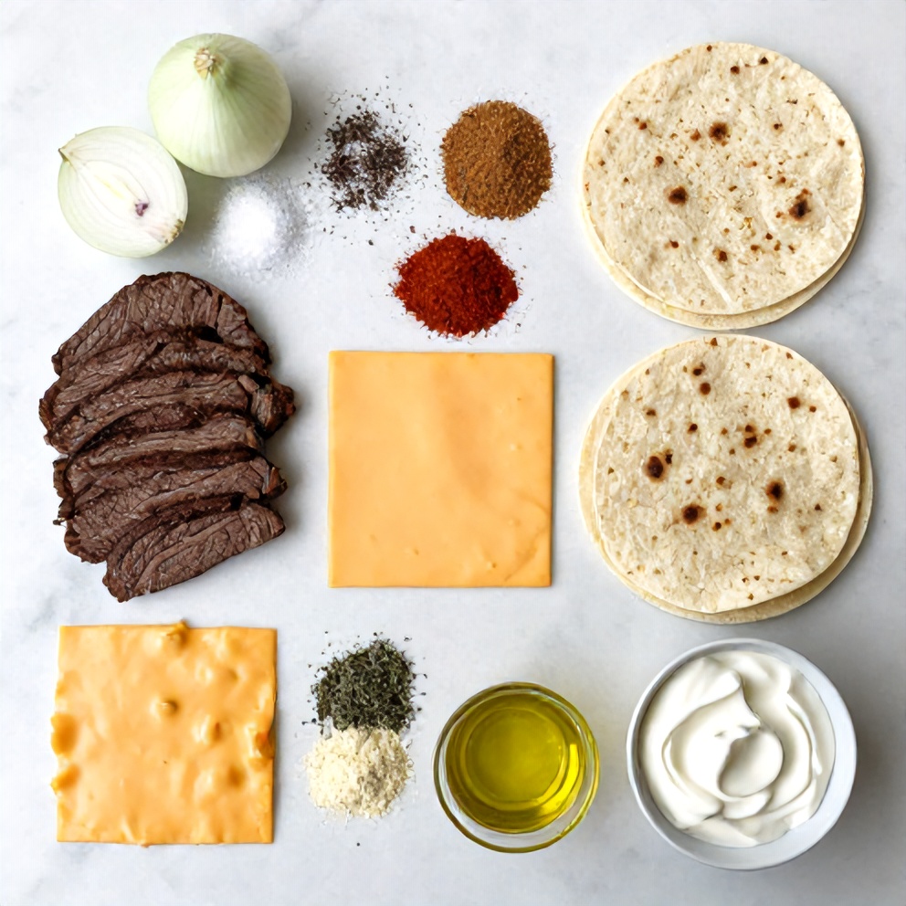 Raw ingredients for Steak Cheese Quesadillas on a marble surface