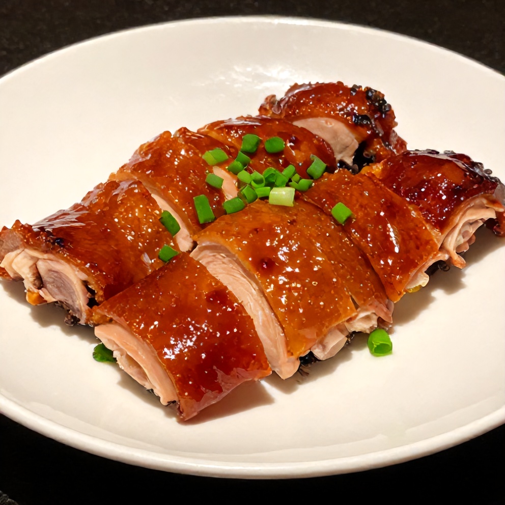 Plated Sticky Char Siu Chicken with green onions