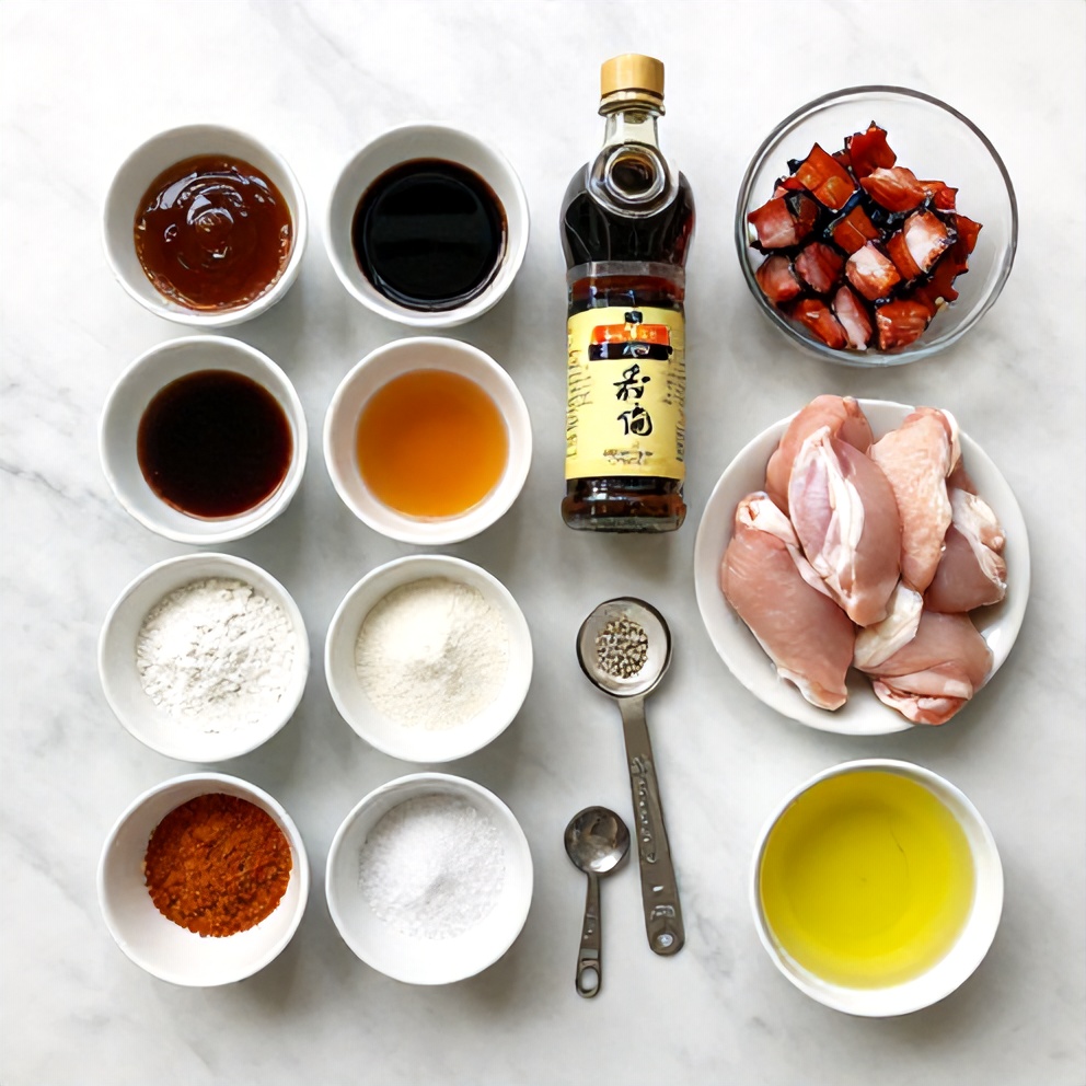 Raw ingredients for Sticky Char Siu Chicken on a marble surface