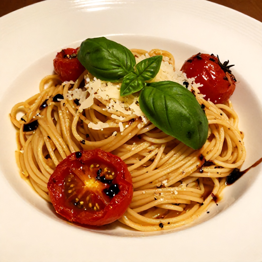 Plated Easy Summer Pasta with Roasted Cherry Tomatoes