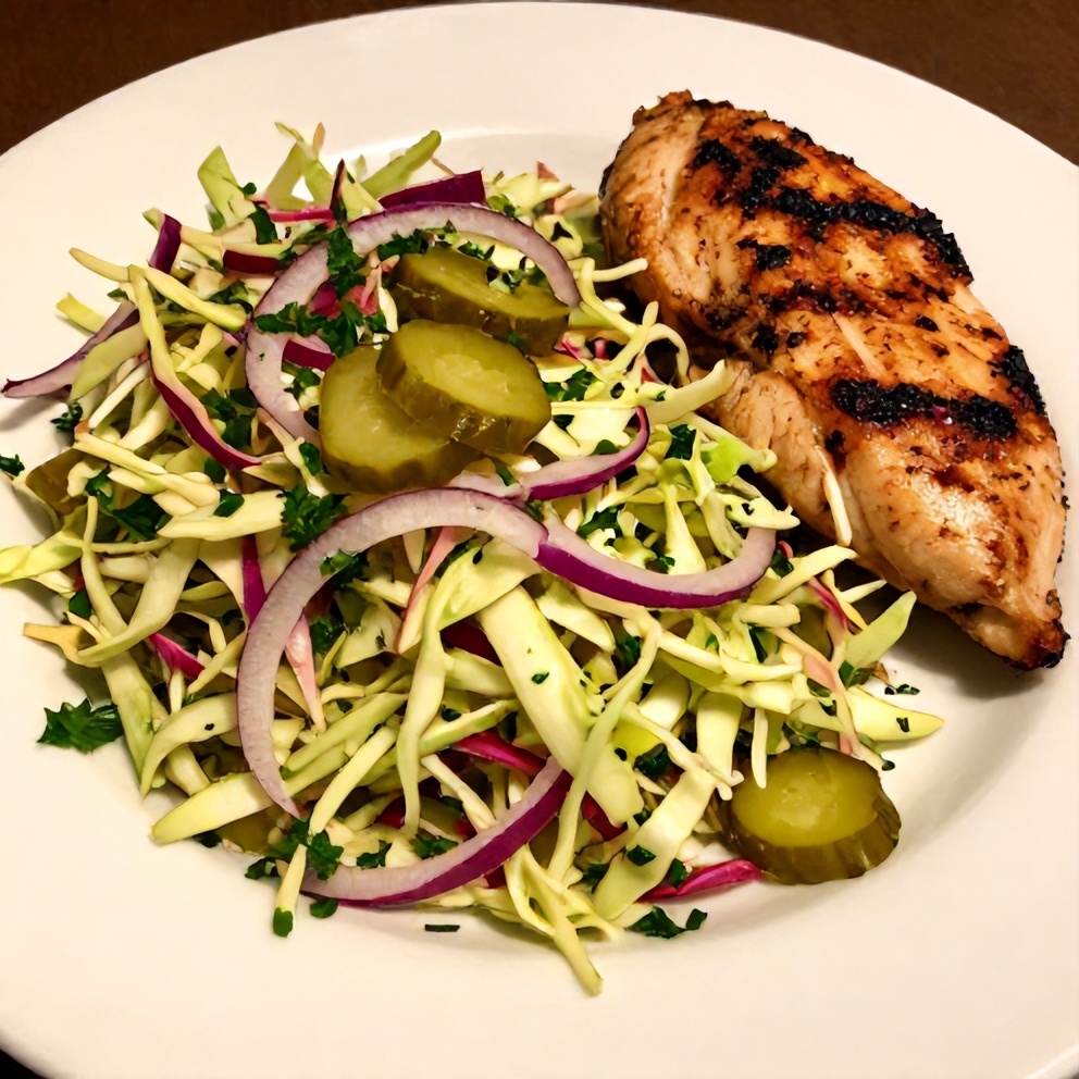Easy Sweet and Spicy Pickle Slaw served with BBQ