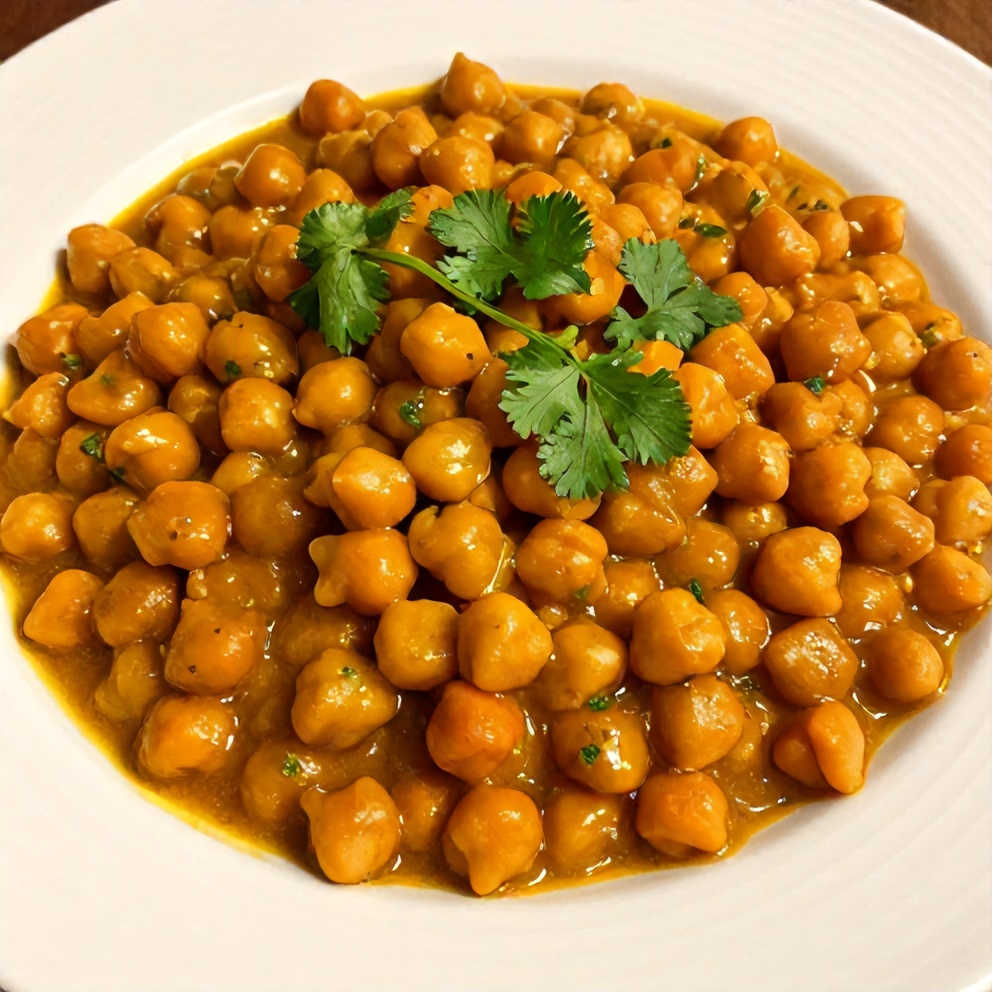 Plated serving of Sweet Potato Chickpea Curry on a white plate, garnished with fresh cilantro.