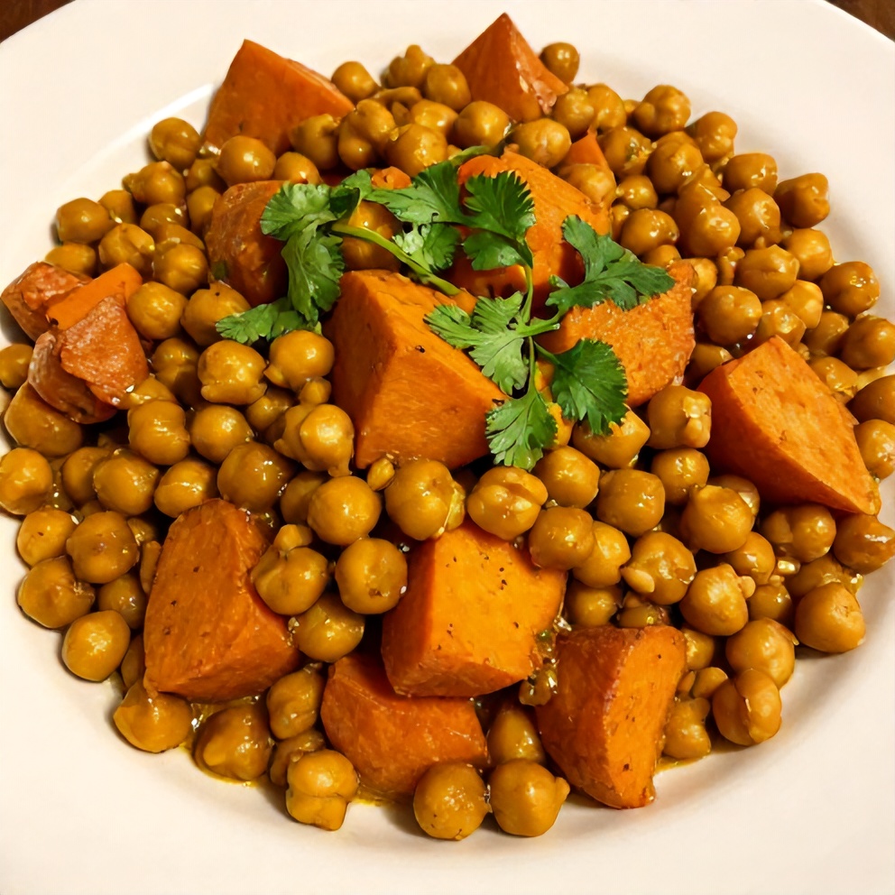 Plated Sweet Potato Chickpea Curry with a garnish of fresh cilantro