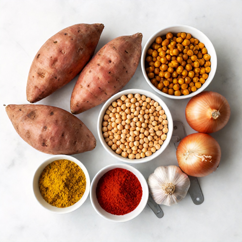 Raw ingredients for Sweet Potato Chickpea Curry laid out, including sweet potatoes, chickpeas, onions, and spices.