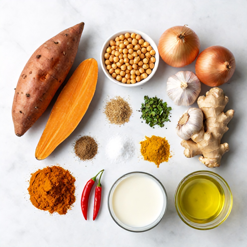 Raw ingredients for Sweet Potato Chickpea Curry laid out