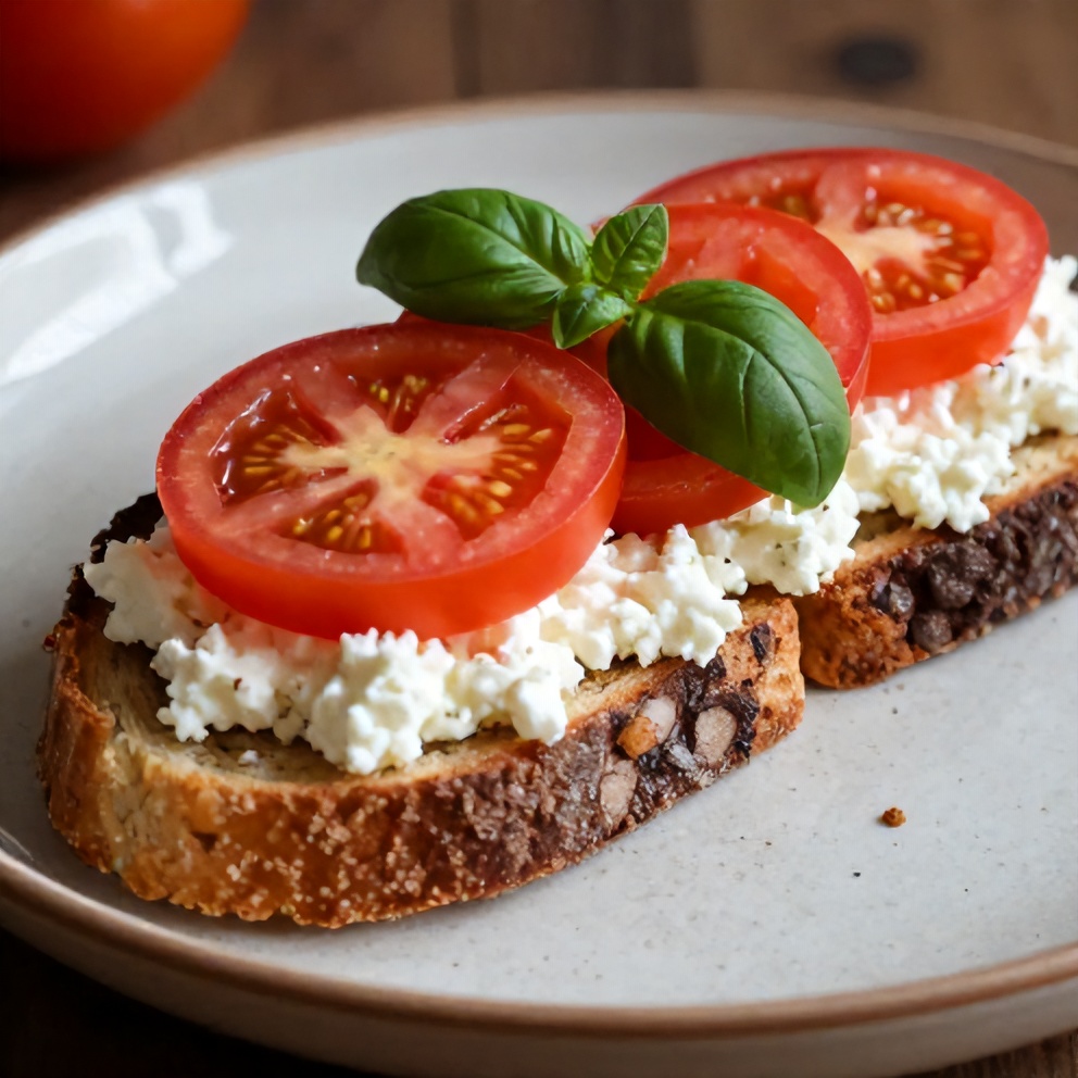 Plated Tomato and Cottage Cheese Toast with fresh basil
