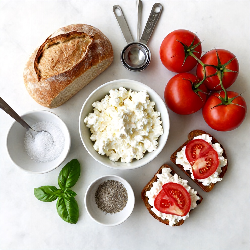 Raw ingredients for Tomato and Cottage Cheese Toast on a white marble counter