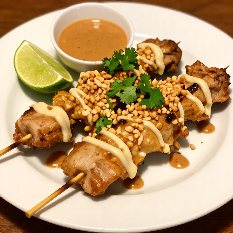Plated Vietnamese lemongrass chicken skewers with peanut sauce