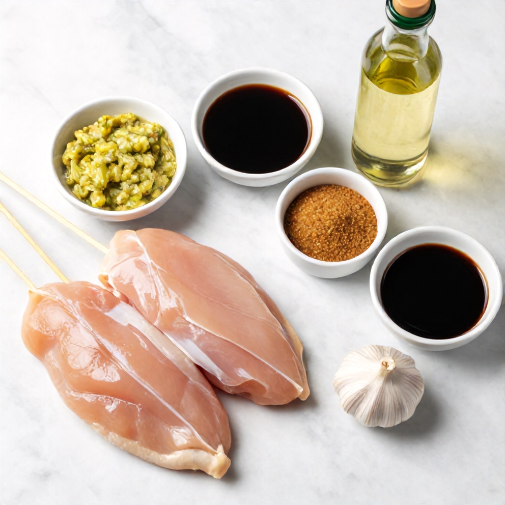 Raw ingredients for Vietnamese lemongrass chicken skewers on a marble surface