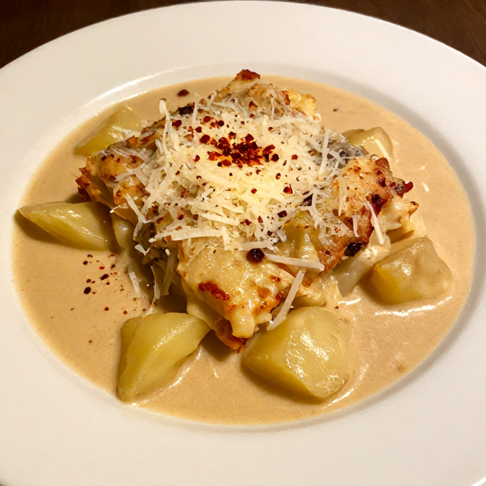 Plated serving of Zuppa Toscana Casserole with garlic bread