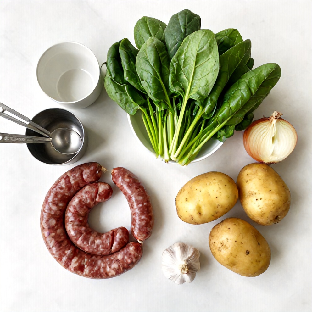 Raw ingredients for Zuppa Toscana Casserole on a marble surface