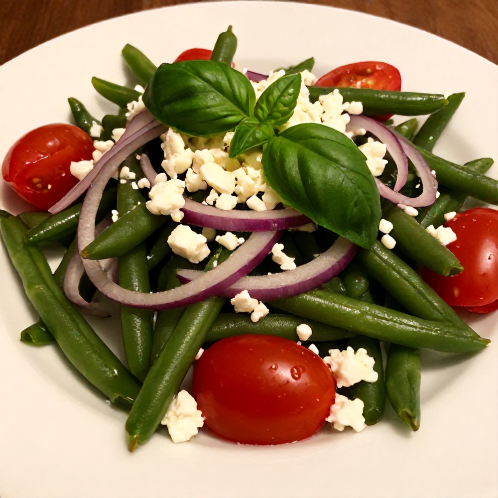 Plated fresh green bean and tomato salad