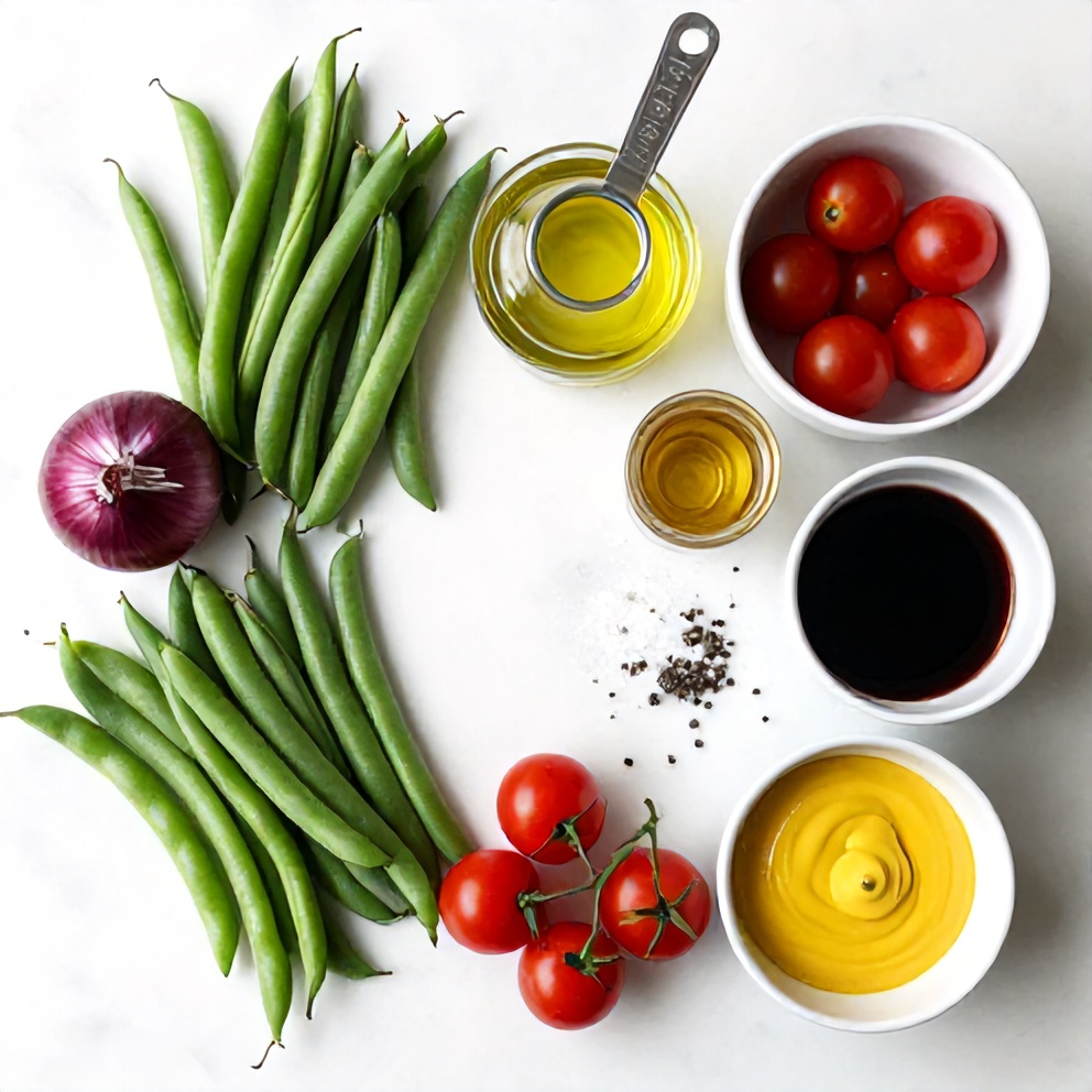 Raw ingredients for fresh green bean and tomato salad