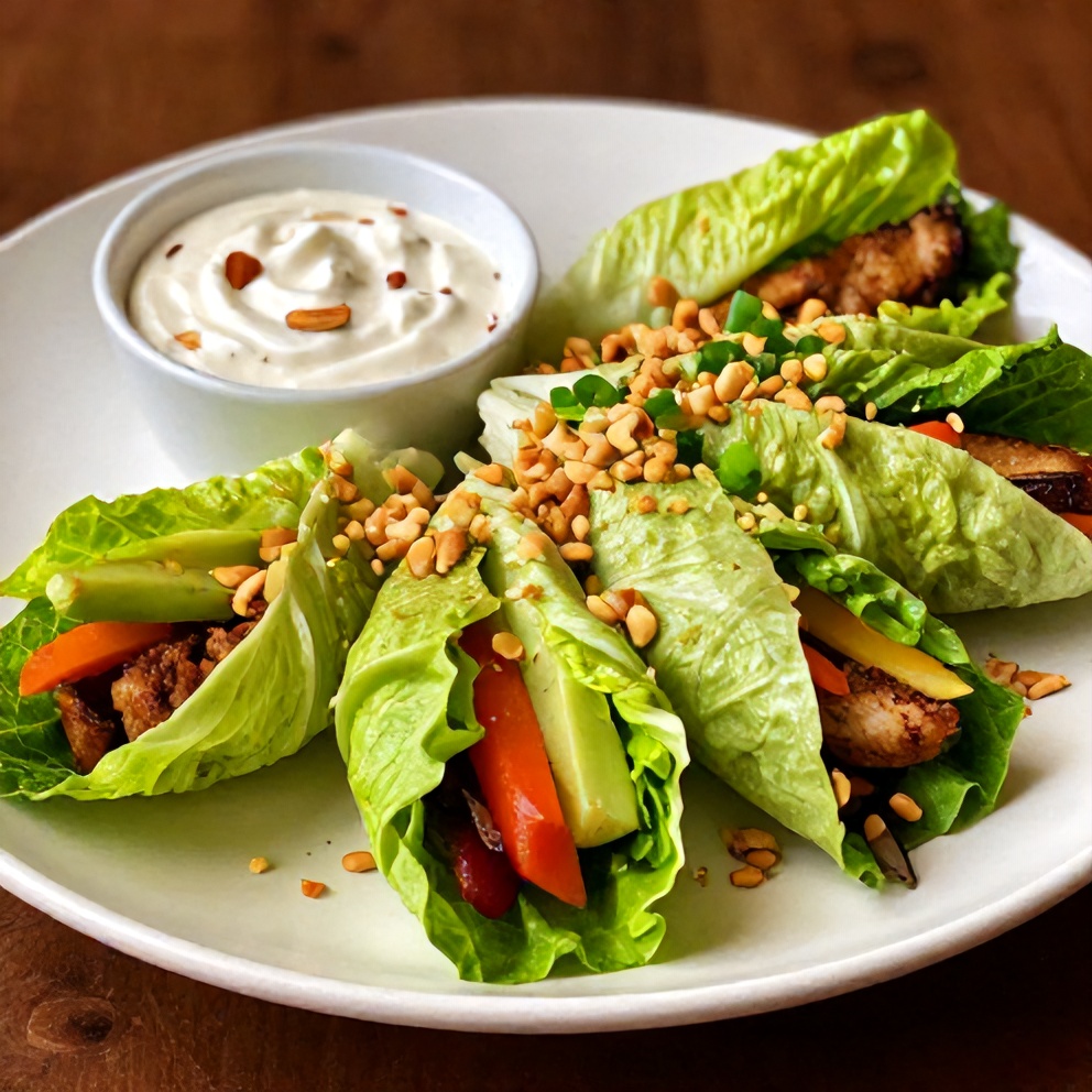 Plated Fresh Lettuce Wraps with Almond Dip