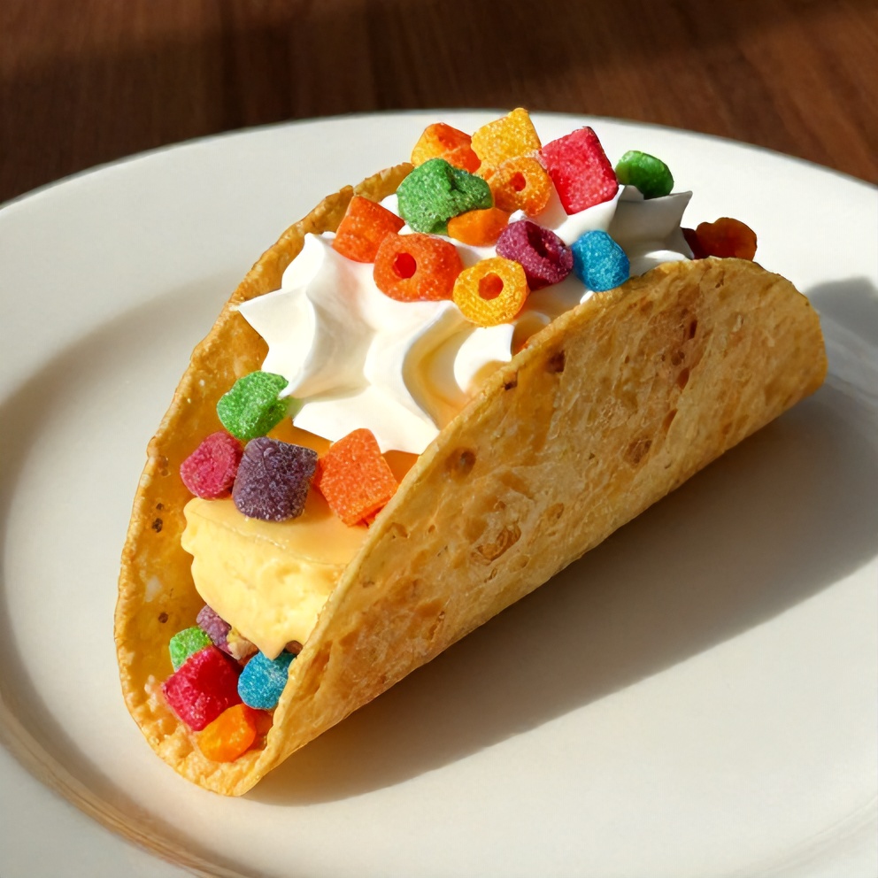 Plated serving of Fruity Pebbles Cheesecake Tacos
