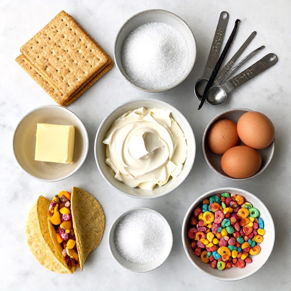 Raw ingredients for Fruity Pebbles Cheesecake Tacos
