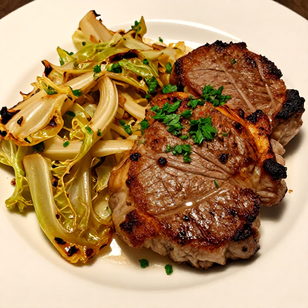 Garlic roasted cabbage steaks plated with fresh parsley